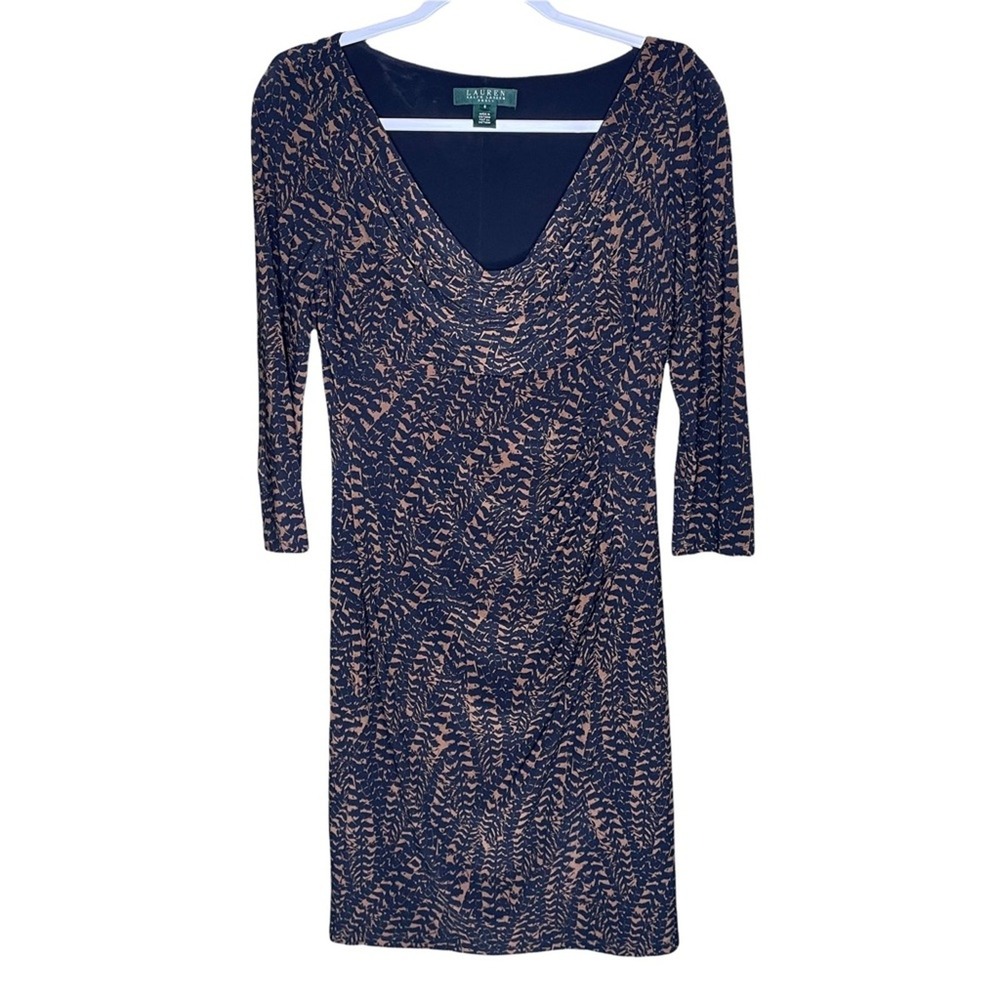 Lauren Ralph Lauren Navy Tan Abstract Print Cowl Neck Ruched Sheath Dress 6